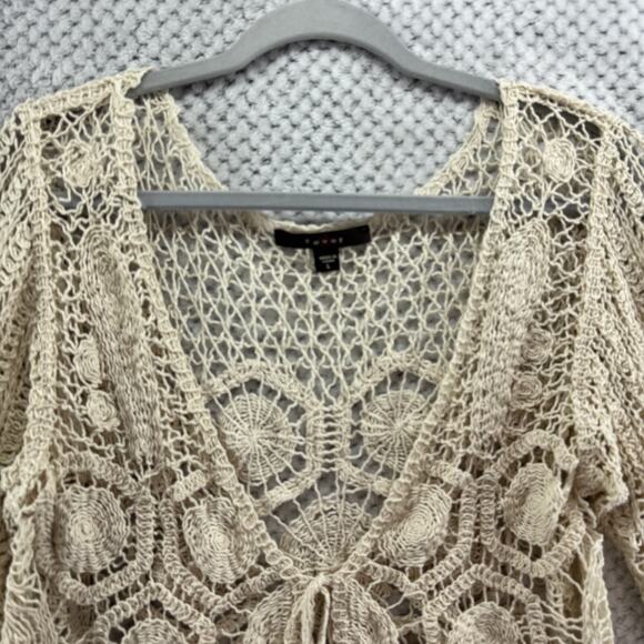 Y2K VTG Fever Cardigan L Beige Crochet V-Neck Tie Front Coquette Boho Festival - Picture 3 of 14